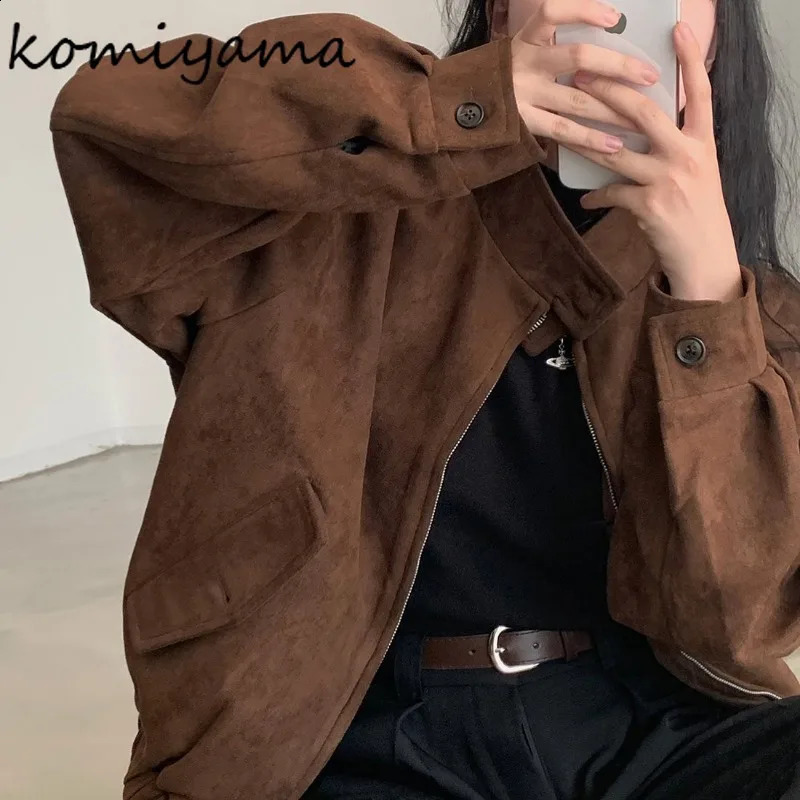 Stand Collar Zipper Chaqueta Mujer Long Sleeve Jaqueta Feminina Vinatge Jackets Woman Deerskin Casaco Autumn Winter Ropa 241224