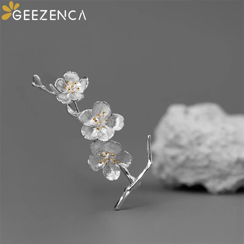 GEEZENCA 925 Sterling Silver Cherry Blossom Brooches For Women Aesthetic Flower Chic Clothing Accessories Pins Gift 241227
