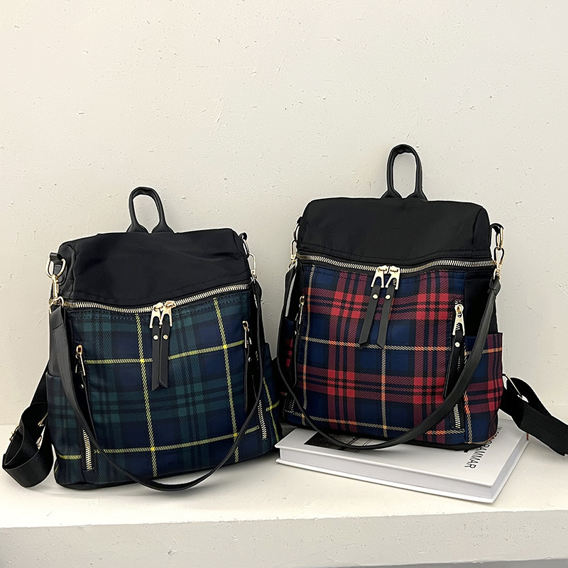 Checkered women, new Korean fashion canvas, large capacity for travel, women's Oxford cloth backpack