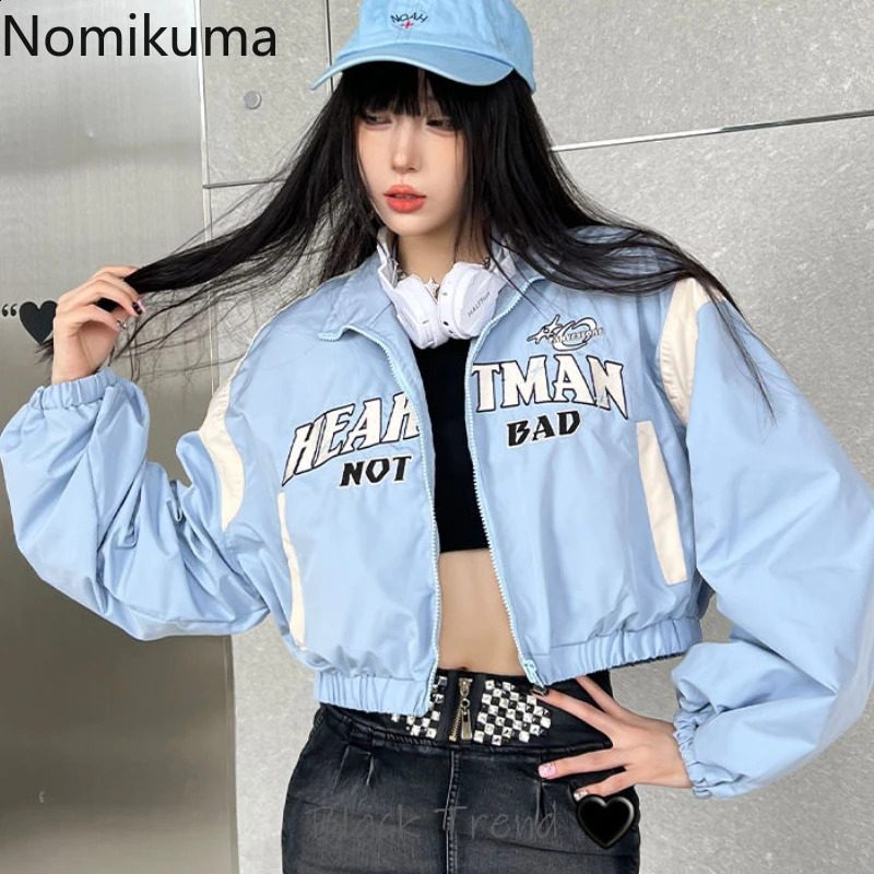 Streetwear Womens Jackets Crop Tops Turndown Collar High Waist Letter Outwear Ropa Mujer Casua Zipper Fashion Y2k Coats 241224