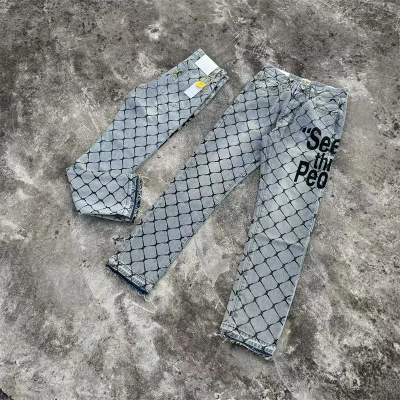 Spring Summer Hip Hop Womens Jeans Wire Mesh Letter Print Slim Straight Pants Casual Temperament 241228