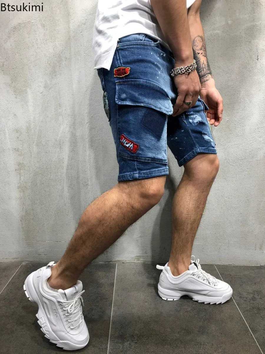 2025 Mens Summer Short Jeans High Stretch Fashion Casual Denim Shorts Male Slim Fit Elastic Badge Pockets Hole Shorts for Men W250319