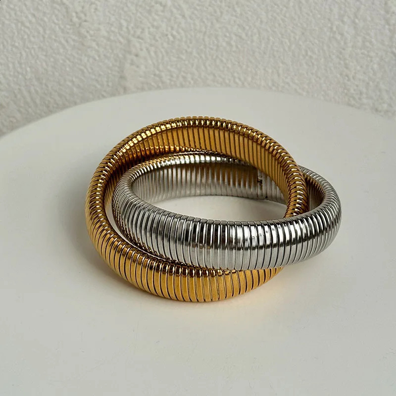 Double layered elastic Gypsy bangles stainless steel wide chunky bangles statement jewelry waterproof punk jewelry 241228