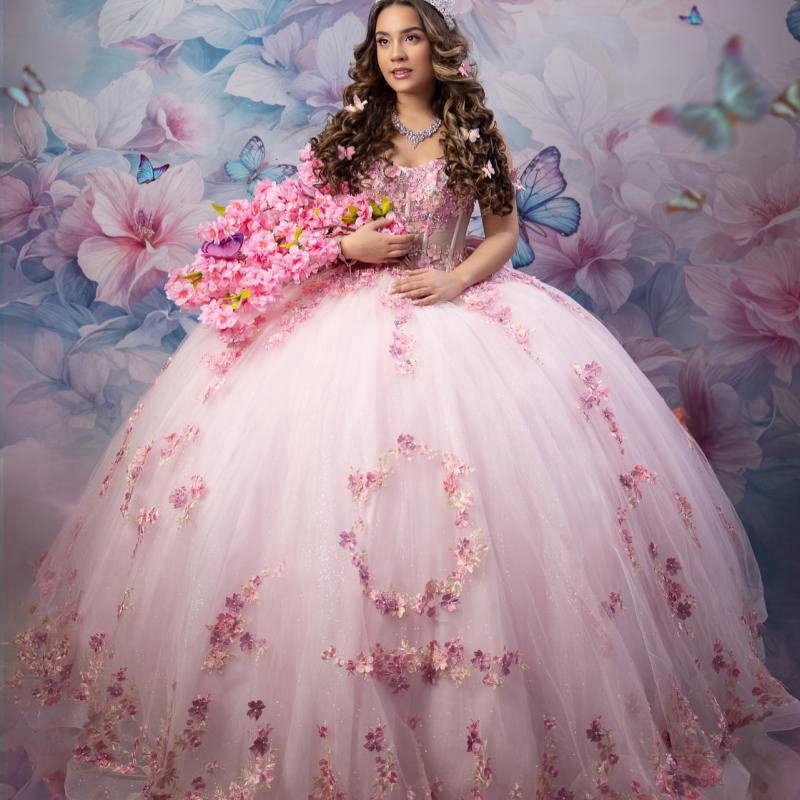 Pink Quinceanera Dresses Ball Gown Off The Shoulder Applique Lace Beading Tull Corset Party Birthday Sweet 16 Vestido De 15 Anos