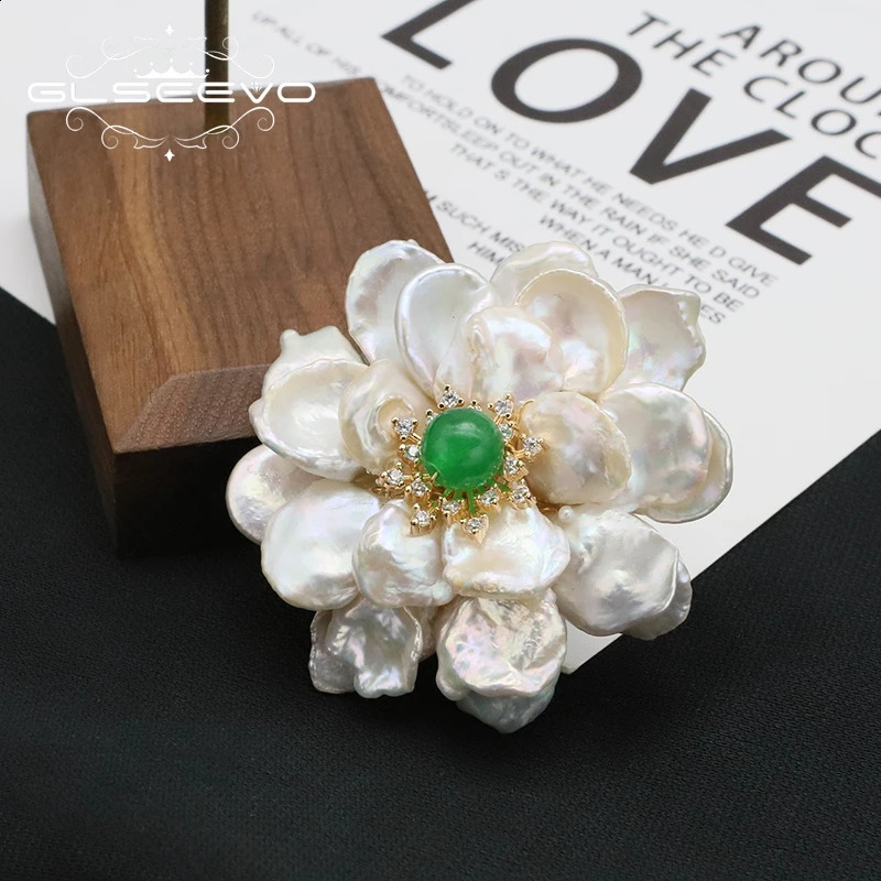 GLSEEVO Natural Tahitian Baroque Pearls Woman Brooch Green natural stone accent n Exquisite Romantic Jewelry Anniversary 241227