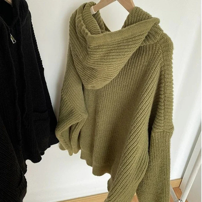 Zipper Cardigan Sweater Women Knit Fall Winter Long Sleeve Harajuku Y2K Solid Jumper Loose Lazy Warm Vintage Basic Female Hoodie 241224