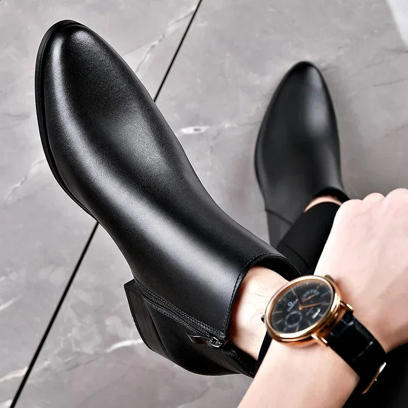 British Business Leather Boots for Men High Heels Pointed Toes and Fleece Chelsea Male Fashion Casual Shoes Man 241223