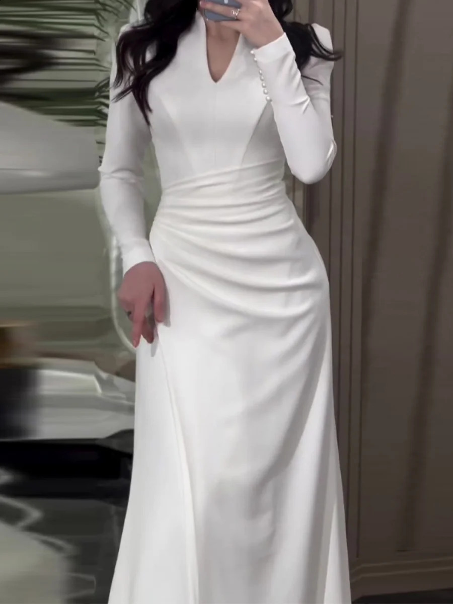 wesvypo Elegant White Party Long Dress Formal Gown Evening Vestidos Women Ladies Long Sleeve V Neck Ruched Fishtail Dresses 241220