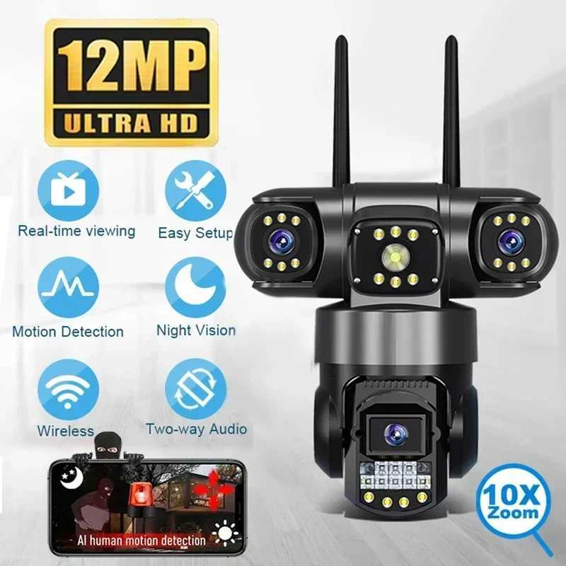 Three Lens PTZ IP Camera Outdoor 12MP HD Three Sn WiFi Security Camera Auto Tracking Dual Lens Wirelss CCTV Camera V380 APPXJ241228