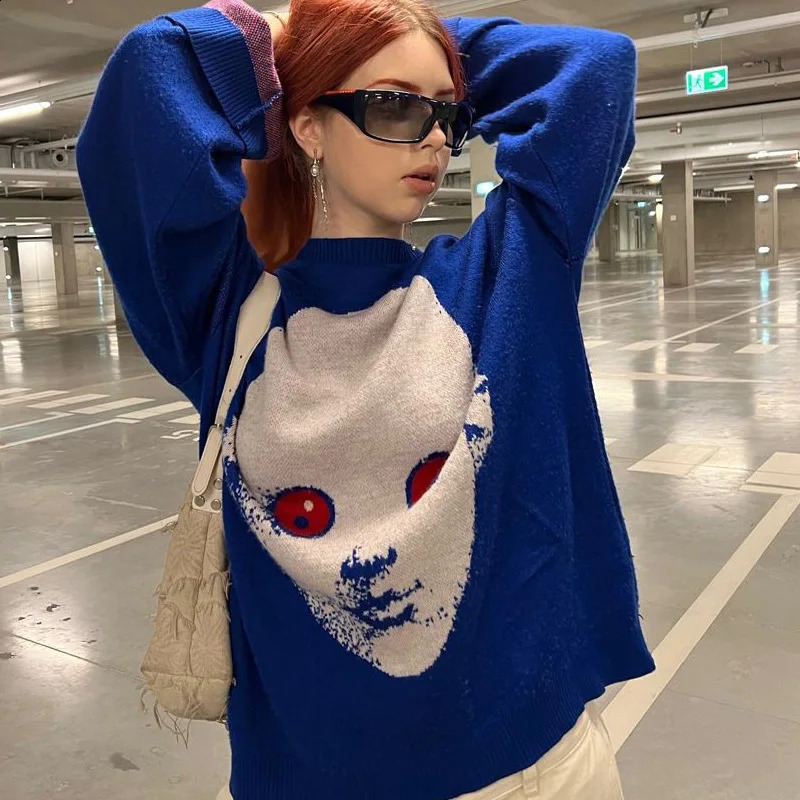 Deeptown Y2k Gothic Knitted Sweater Women Harajuku Printed Oversized Pullover American Fashion Autumn Streetwear Hip Hop 241223
