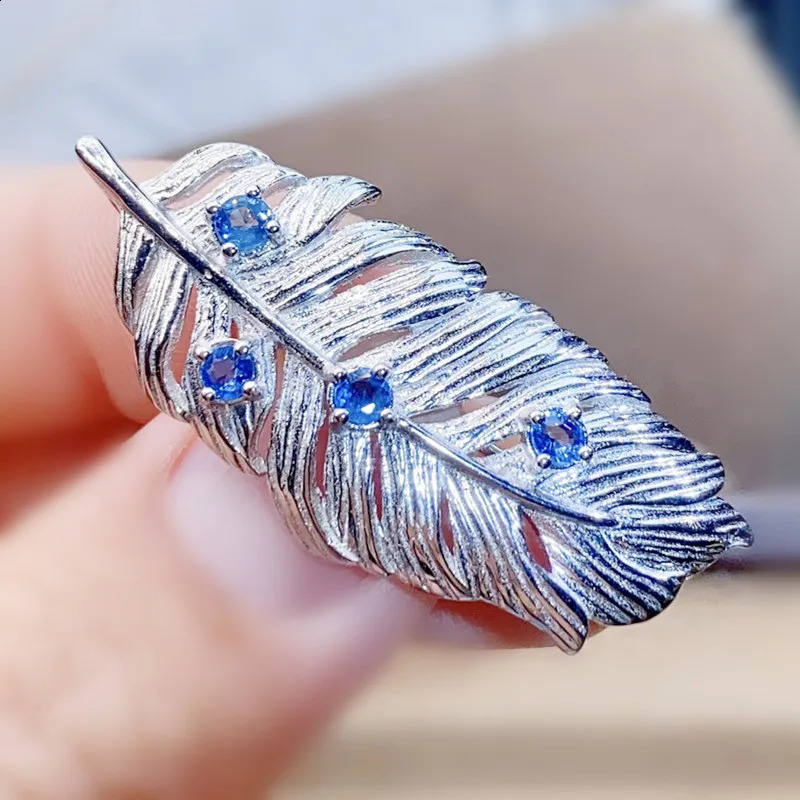 Natural real blue sapphire feather style brooch pins 925 sterling silver 0.15ct*4pcs gemstone Fine jewelry J2112133 241227
