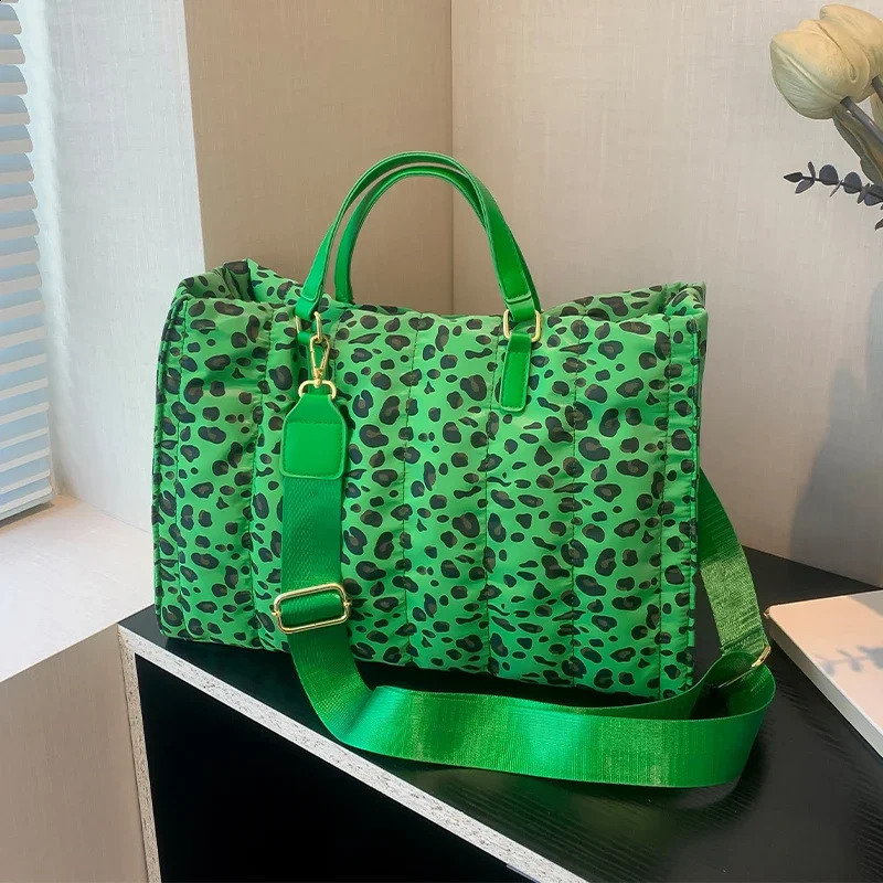 Winter Feather Padded Handbag Women Large Capacity Tote Bag Retro Leopard Space Cotton Nylon Shoulder Crossbody Bag Sac 241227