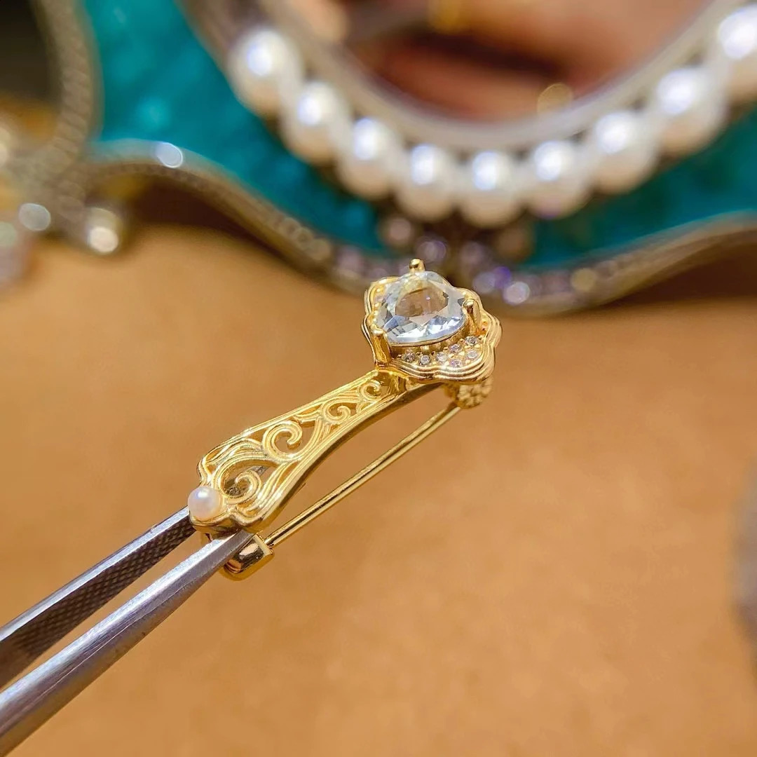 Natural Aquamarine Womens Brooch S925 Pure Silver Chinese Style Satisfactory High-end Exquisite Brooch Accessory 241227