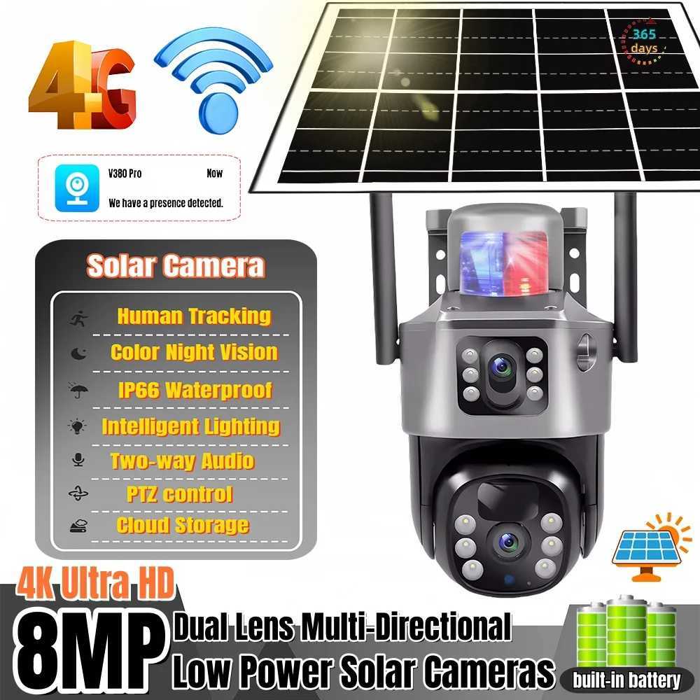 Outdoor 4K 8MP Wireless Solar Camera 4G Sim Dual Lens Wifi IP PIR HD Night Vision Camera V380Pro PTZ Security CCTV MonitorXJ241228
