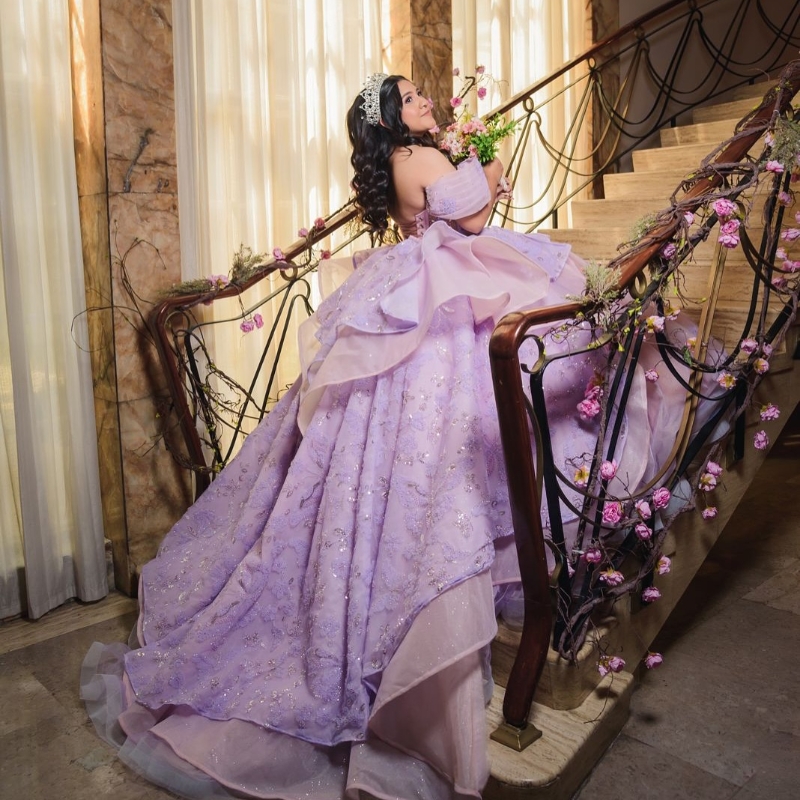 Lavender Quinceanera Dresses Ball Gown Off The Shoulder Applique Bow Beads Tull Corset Party Birthday Sweet 16 Vestido De 15 Anos