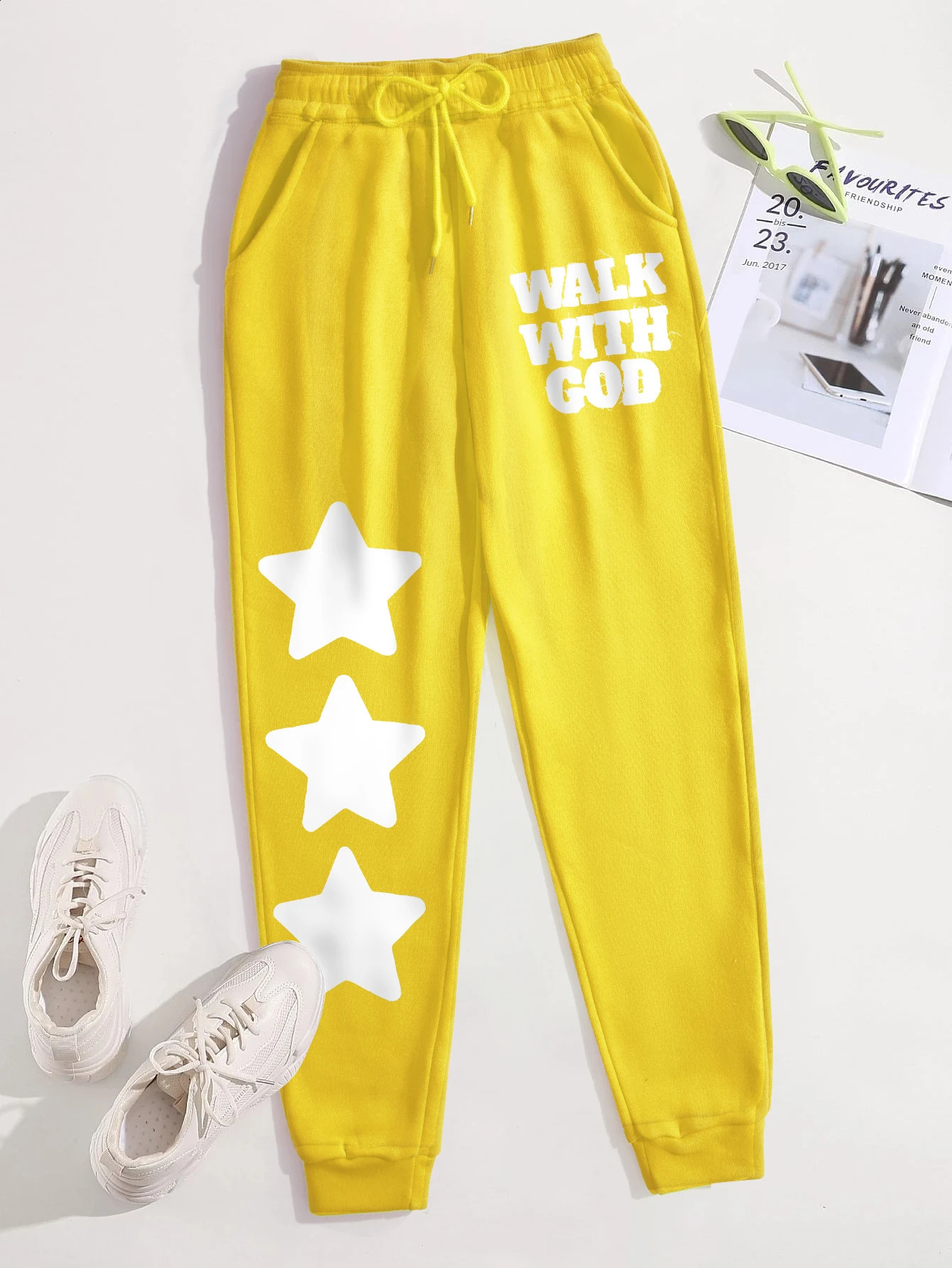 Walk With God Simple Star Printing Woman Drawstring Pant Warm Pocket Sweatpant Sport Fashion Joggers Trendy Street Y2K Pants 241228
