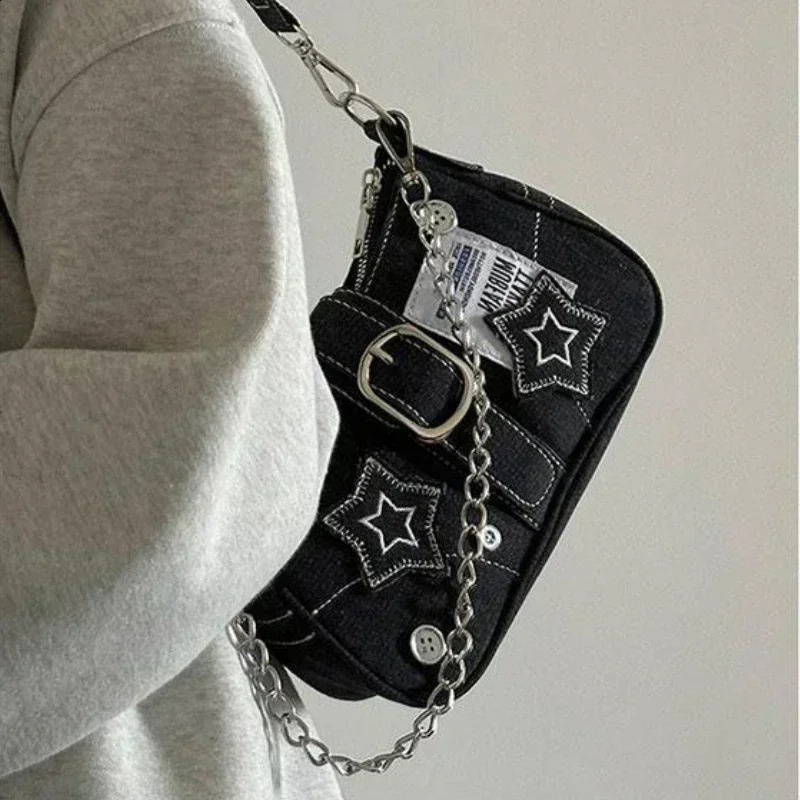 Y2k Fashion Womens Handbags Stars Pattern Cool Girls Underarm Bag Fashion Canvas Female Small Shoulder Bags Chain Tote Purses 241223