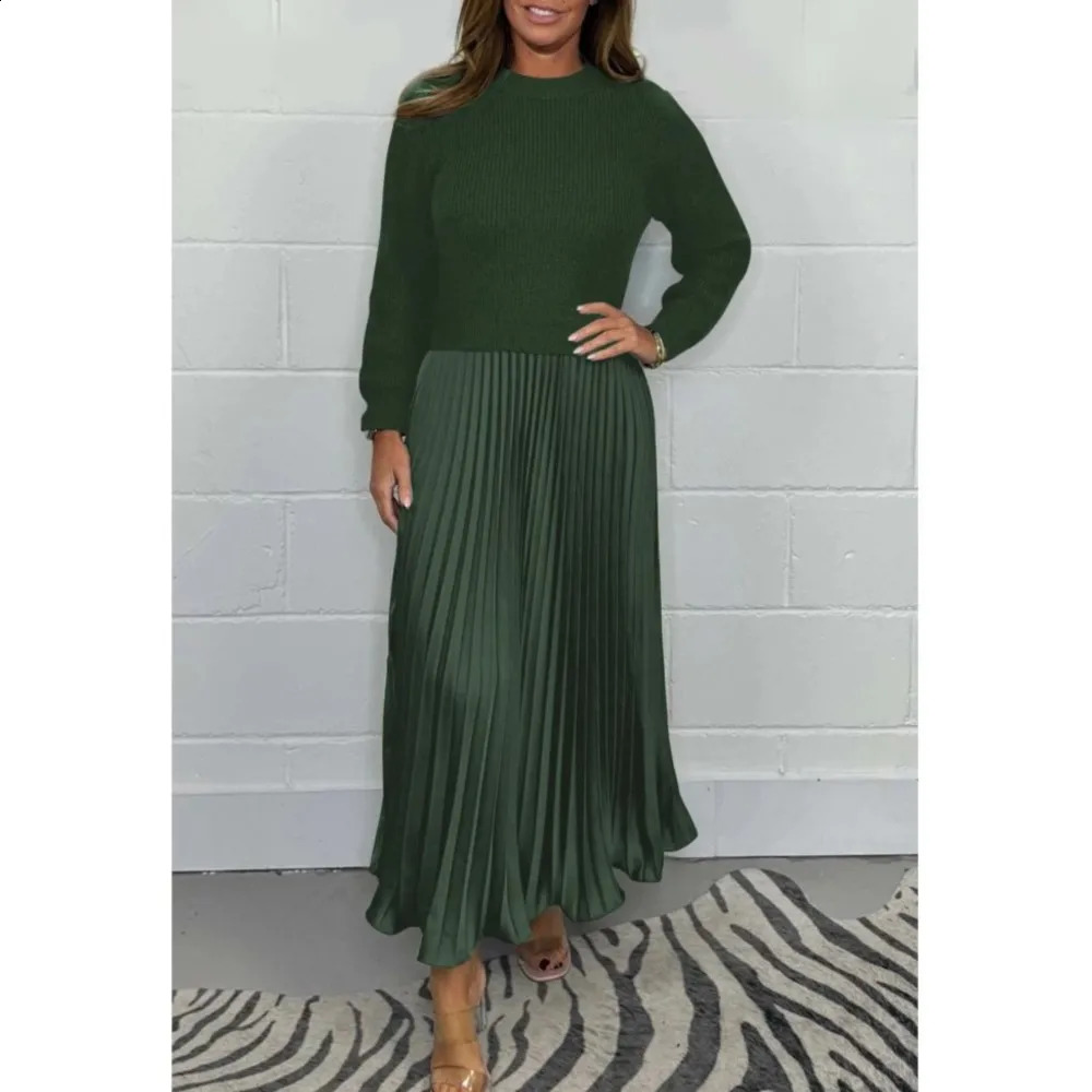 Fashion Knit Color Matching Long Sleeved Womens Dresses Autumn And Winter Elegant Lady Pleated Knitted Female Dresses 241224