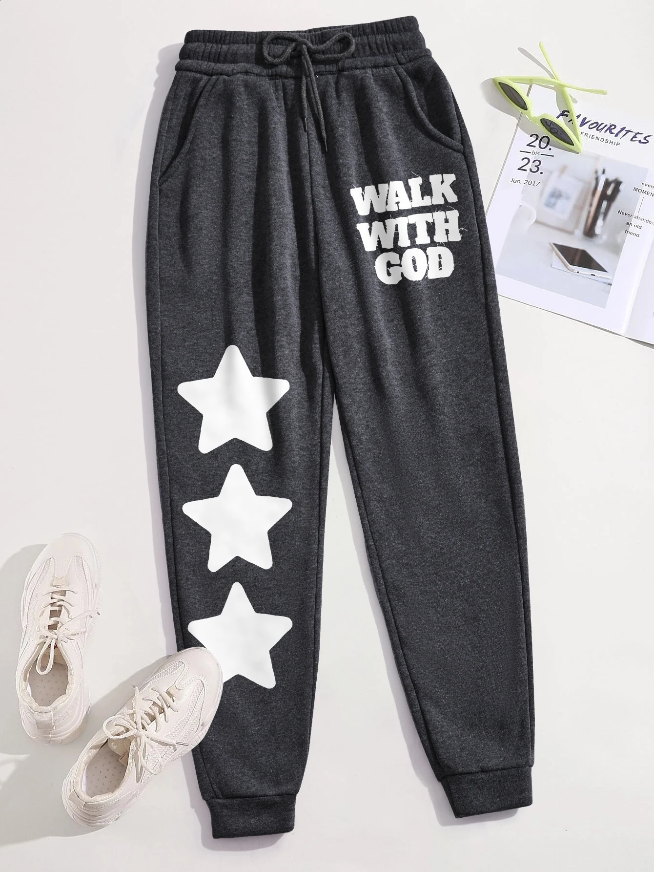 Walk With God Simple Star Printing Woman Drawstring Pant Warm Pocket Sweatpant Sport Fashion Joggers Trendy Street Y2K Pants 241228