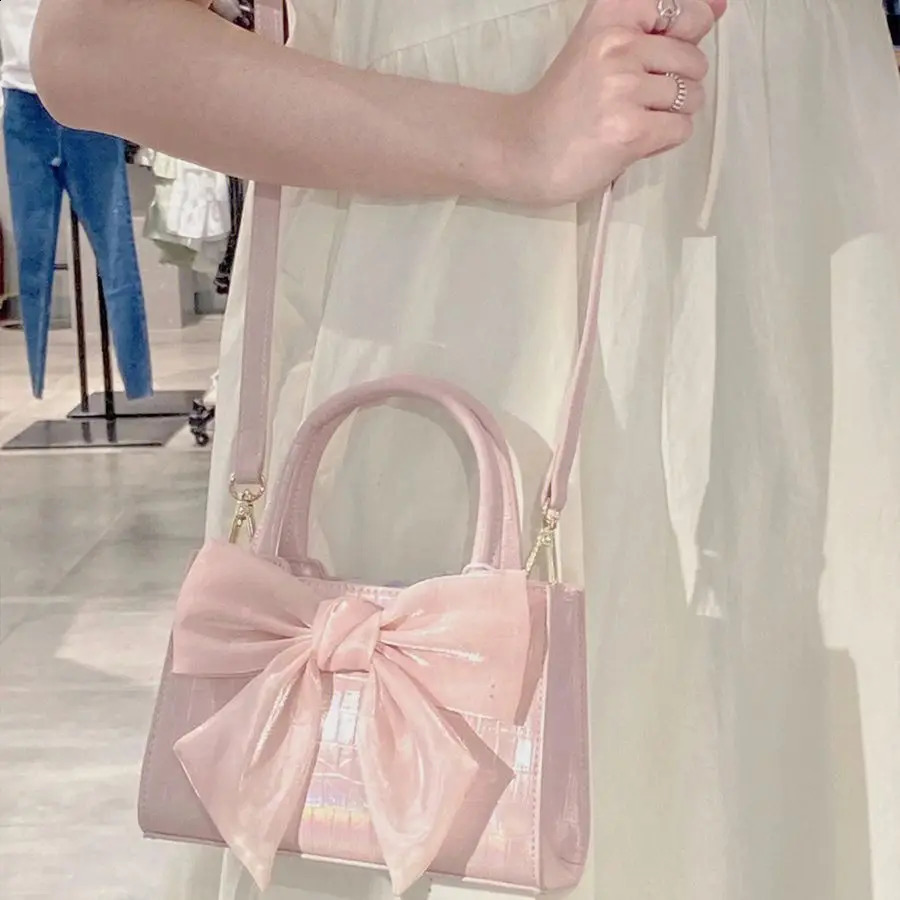 Fashion Casual Handbags For Women Girls Cute Bow White Pink PU Leather Tote Bags Trendy Daily Square Shoulder Underarm Bags 241223