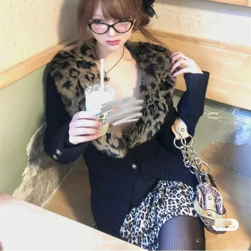 Y2K Retro Leopard Print Fur Collar Patchwork Knitted Cardigan Jacket Autumn Winter Girl Waist Slim Harajuku Casual 241223
