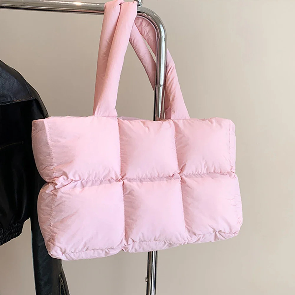 Large Cotton Quilted Tote Bag Handbags Nylon Padded Shoulder Bag Plaid Down Space Bags for Woman Puffy Warm Shopper Purses 241227