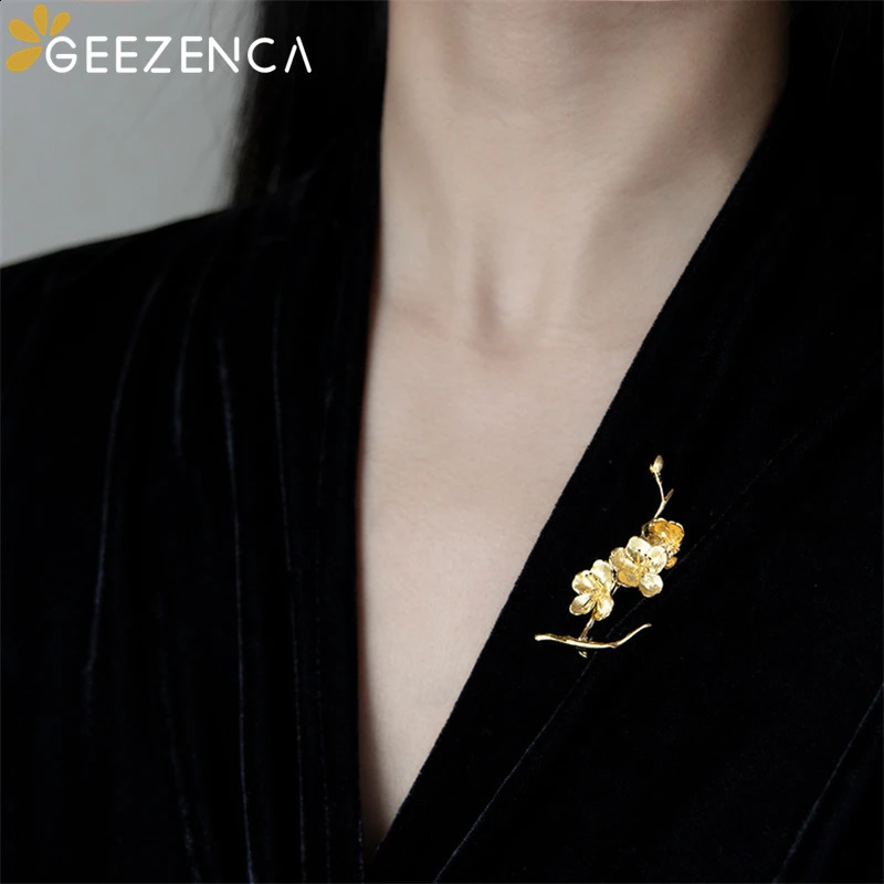 GEEZENCA 925 Sterling Silver Cherry Blossom Brooches For Women Aesthetic Flower Chic Clothing Accessories Pins Gift 241227