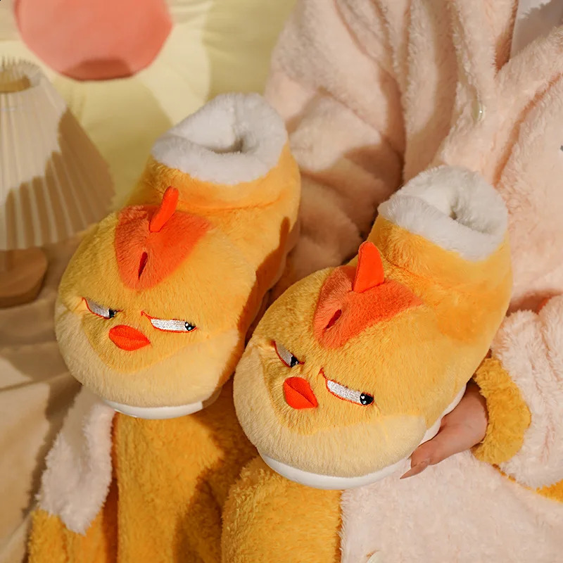 Cute Cartoon Indoor Slippers For Women Men Funny Yellow Chicken Winter Warm Fluffy Shoes Couples Home Floor Snoot Boots 241223