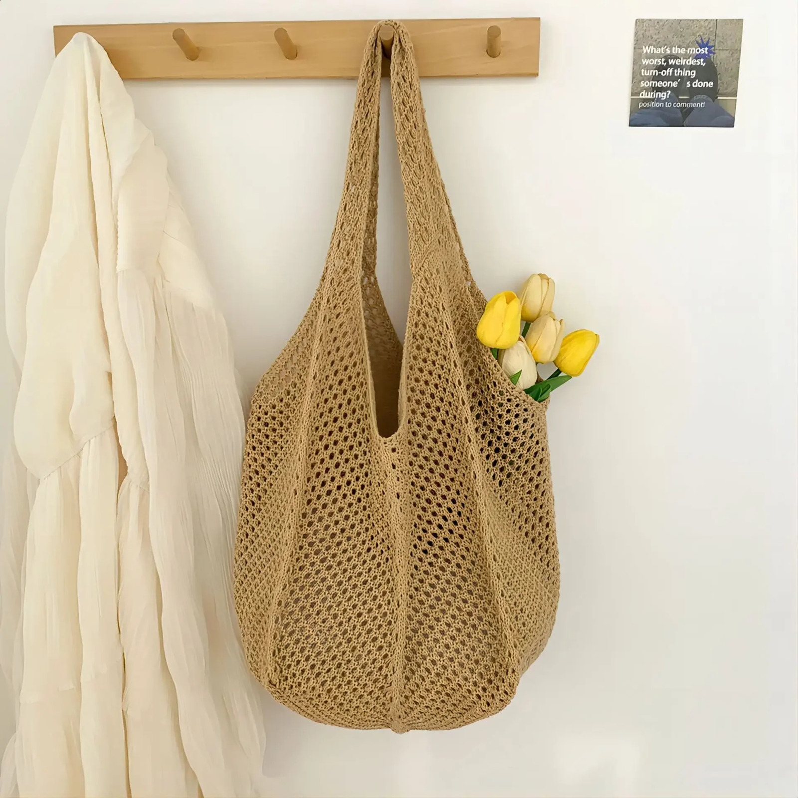 Womens Shoulder Bag Large Capacity Fashion Hollow Out Tote Bags Straw Woven Knitted Beach Summer Solid Color 241225