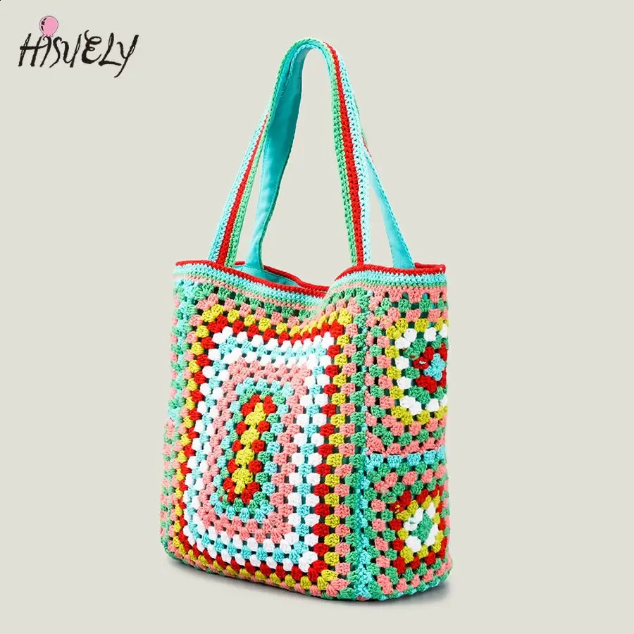 Bohemian Crochet Women Shoulder Bags Knitting Large Capacity Tote Bag Casual Lady Handbags Big Shopper Purses Summer Beach 241225