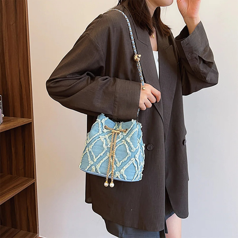 Denim Crossbody Bag Diamond Pattern Women Shoulder Bag Drawstring Jean Purse Adjustable Strap Hobo Bag 241228