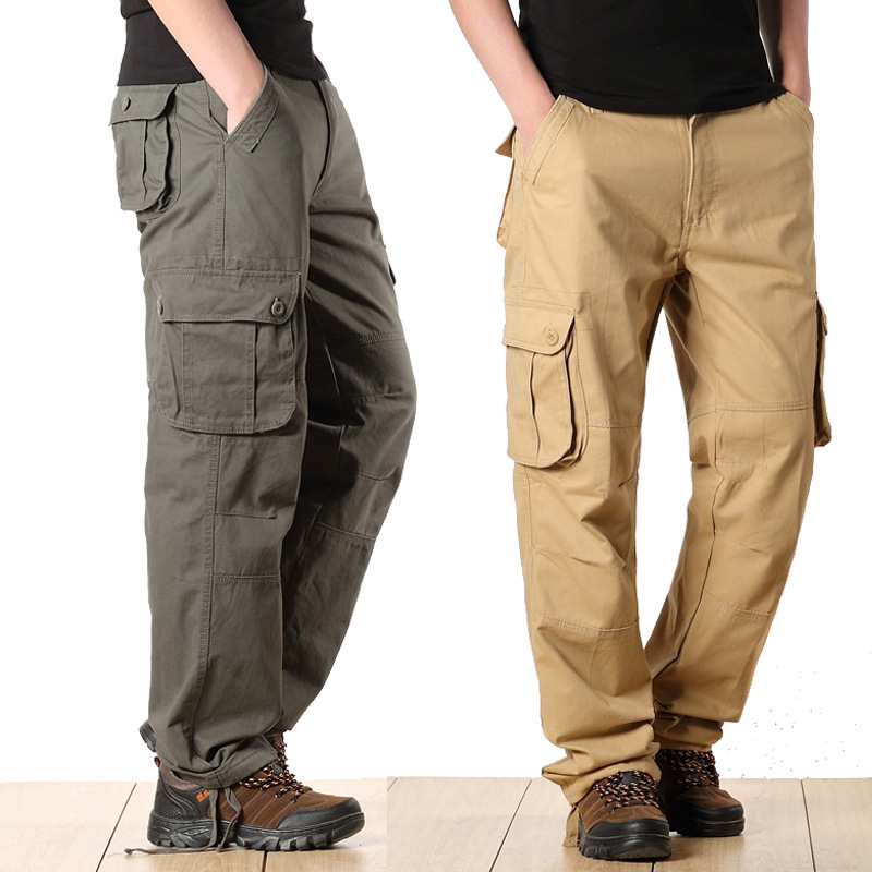 Plus Size 42 44 Straight Casual Men Cargo Pants Fashion Multi Pockets Khaki Black Slacks Male Long Trousers Bottoms Pantsuit Army green Men Clothing
