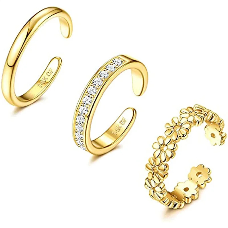 3PCS Filled Toe Rings Set for Women 14K Gold Plating Adjustable Simple CZ Flower Ring Summer Beach Jewelry 241225