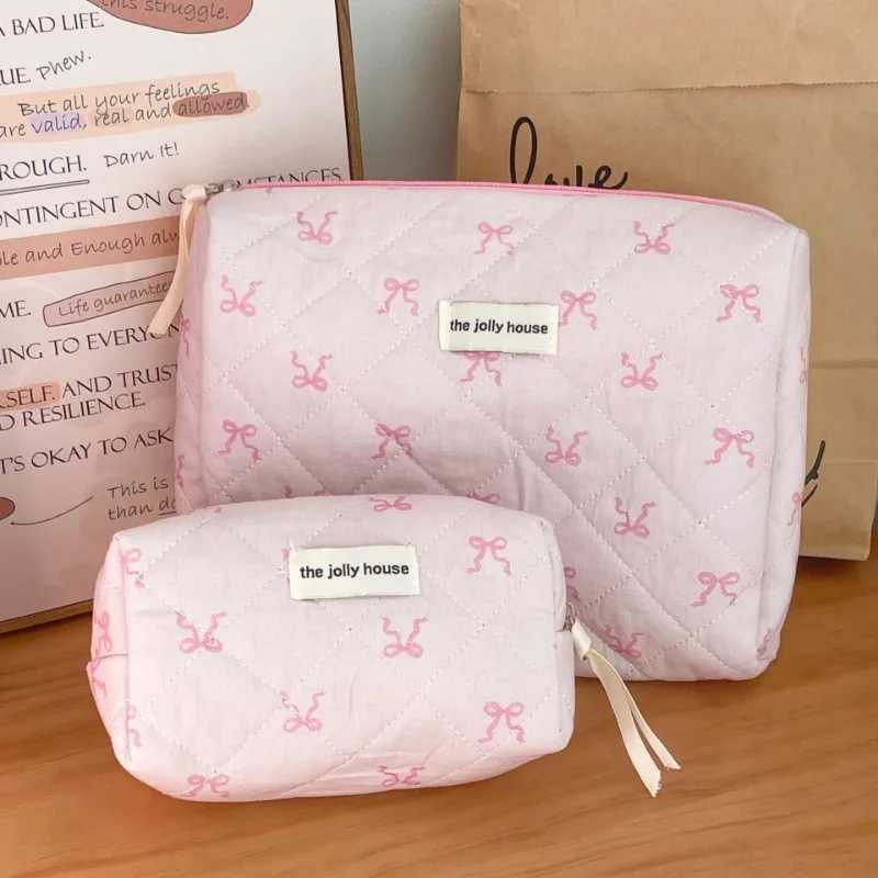 1pcs Cotton Pink Ribbon Bow Cosmetic Bag Large Capacity Soft Handbag Storage Bags Travel Organzier Pouch Women Makeup CaseXJ241228