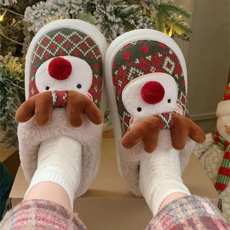 Christmas Cotton Slippers For Women Cute Cartoon Deer Antislip Girls Indoor Home Floor Shoes Couple Fashion Party Slides 241223
