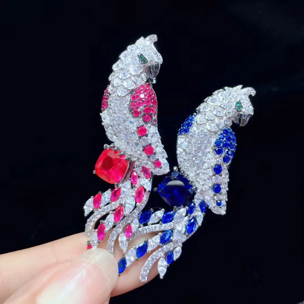 925 sterling silver with cubic zircon parrot brooch pins bird brooch red blue color fine women jewelry high quality 14*52MM 241227