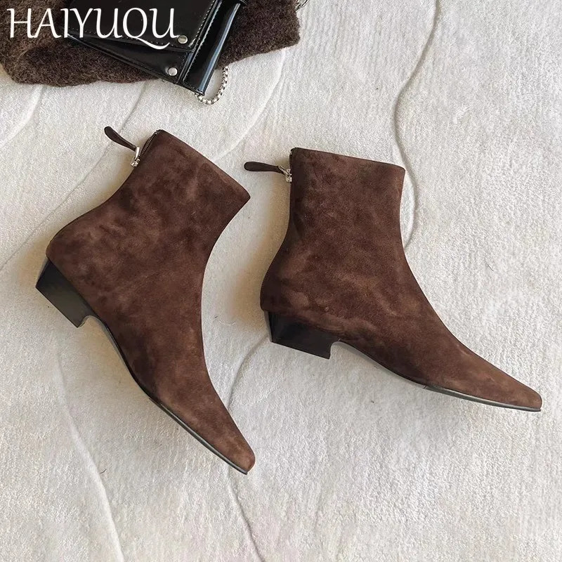 Women Suede Ankle Boots Flats Square Toe Fashion Shoes Woman Trend Chelsea Cozy Walking Warm Mujer Snow Botas 241223