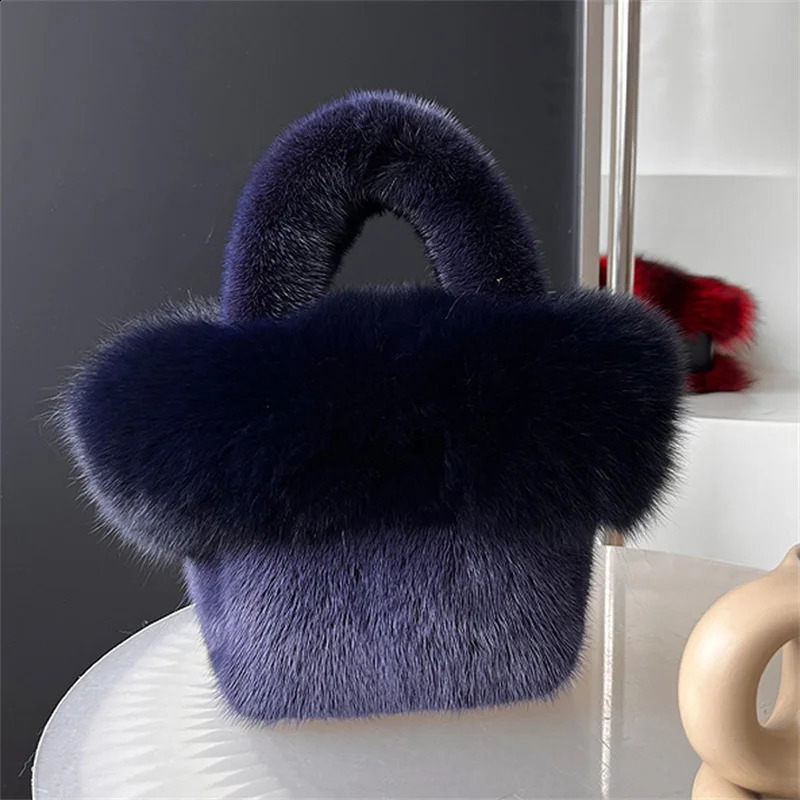 Real Mink Fox Fur Women Handbags Female Multifunctional Large Capacity Basket Bags Fashion Wrist Bags For Ladies Phone Purse 241227