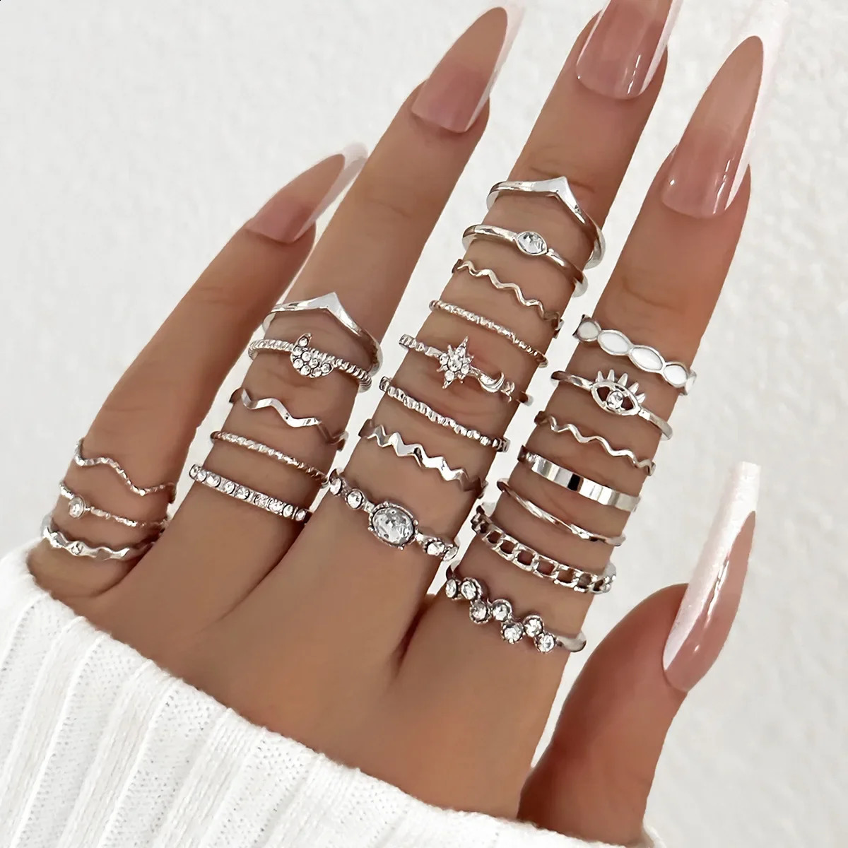 23Pcs Trendy Simple Knuckle Rings Set For Women Crystal Star Moon Eye Wave Ring Female Fashion Party Jewelry Accessories 241225