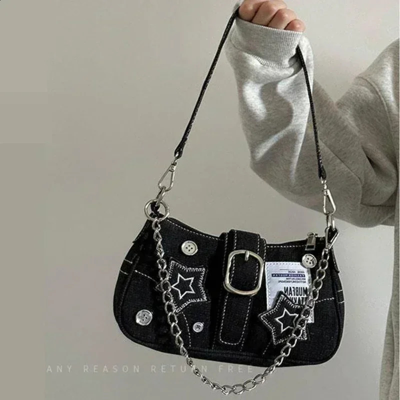 Y2k Fashion Womens Handbags Stars Pattern Cool Girls Underarm Bag Fashion Canvas Female Small Shoulder Bags Chain Tote Purses 241223