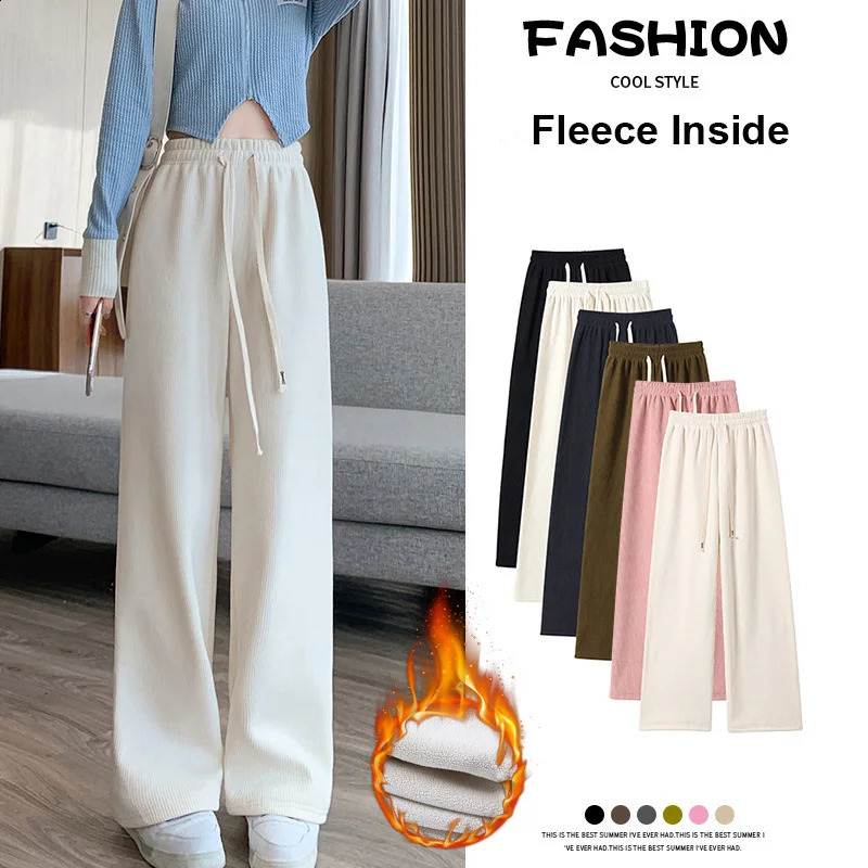 Women Wide Leg Corduroy Pants Winter Warm Causal Fleece Lined Trousers Fashion Korean Y2K Loose High Waist Aesthetic Pants 241220