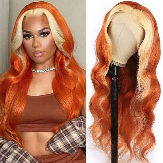 T-Shaped Lace Headband, Ginger Yellow Dyed Orange Wave Synthetic Wig Wigs Kq2