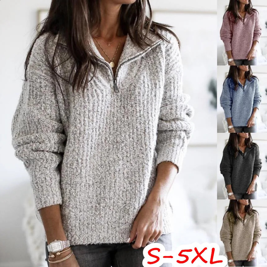 Women's Cotton Knitted Sweater - Long Sleeve Zip-Up Pullover, Casual Solid, Vintage Style, Spring Autumn Tops