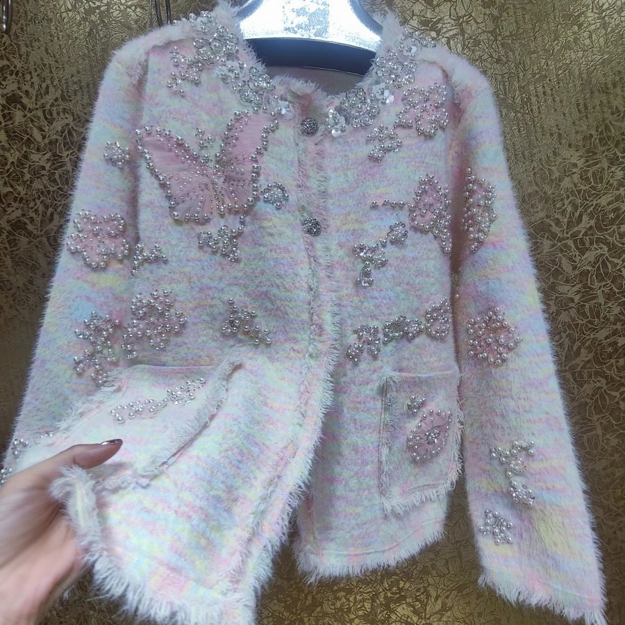 Pearls Beaded Big Butterfly Embroidery Sequined Jacket Crystal Woolen Tweed Blazer Coat Thick Mink Cashmere Cardigan Tops 241224