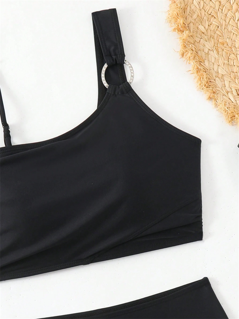 Retro High Waist Bikini Women Rhinestone Torus Decor One Shoulder Swimwear Ladies Vintage Bikinis Set Black Two Piece Swimsuit Beach Bather Bathing Su