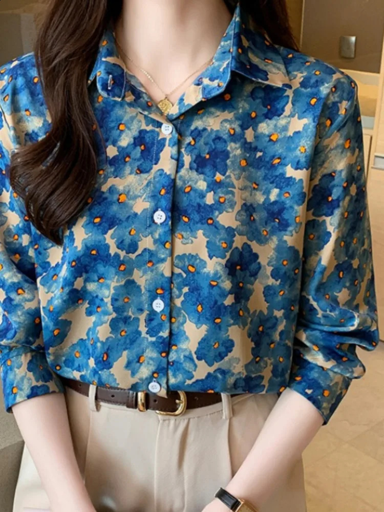 #3183 Blue Pink Vintage Long Sleeve Shirt Women Full Floral Printed Femme Loose Thin Chiffon Blouse 241228