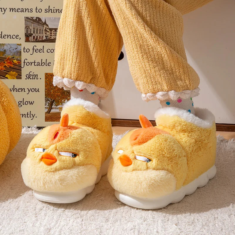 Cute Cartoon Indoor Slippers For Women Men Funny Yellow Chicken Winter Warm Fluffy Shoes Couples Home Floor Snoot Boots 241223