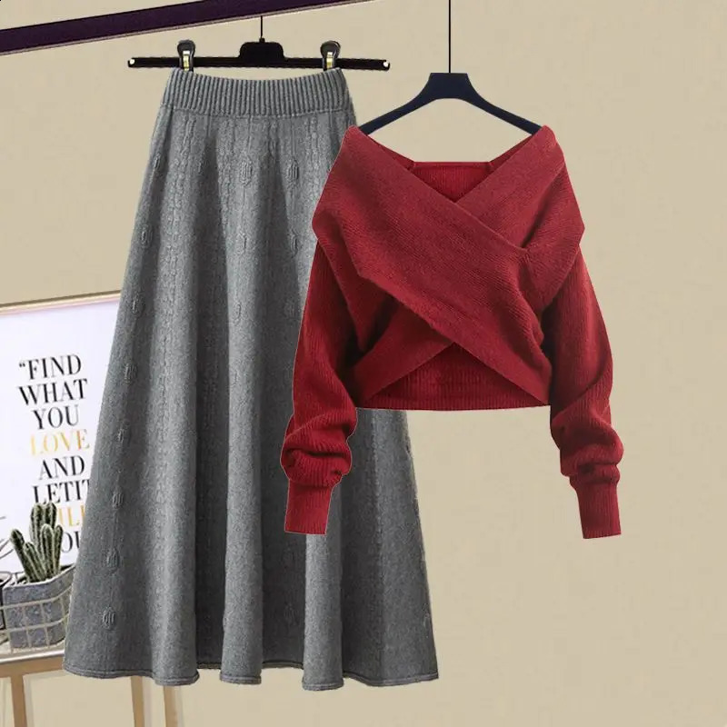 Autumn and Winter Womens Set 2024 Lazy Knitted Vneck Sweater Slimming Half Skirt Two Piece Trendy 241220
