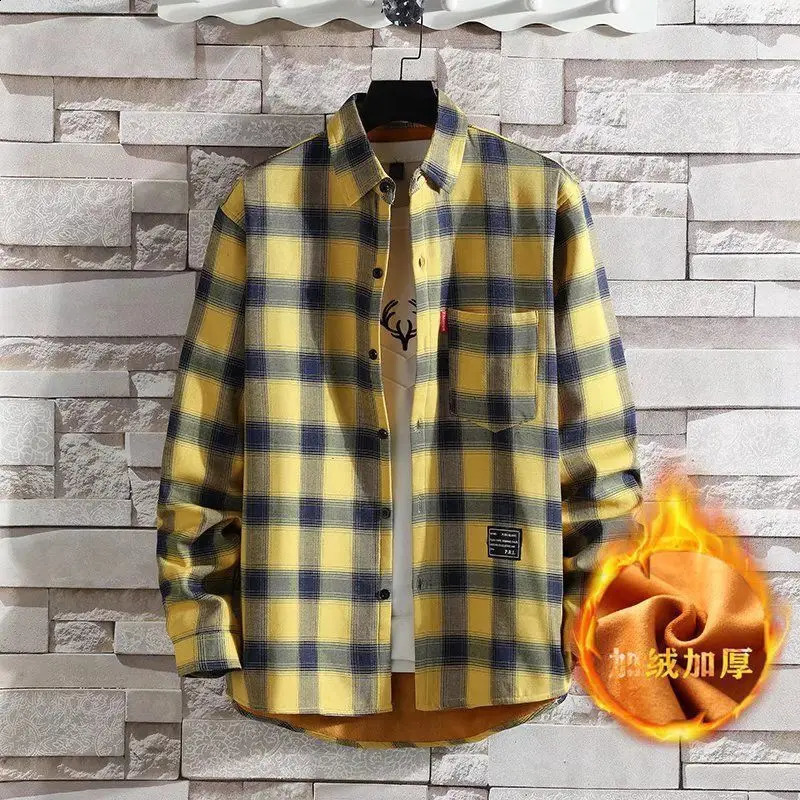 Checkered Shirt Mens Casual Plus Plush Thick Mens Long Sleeved Warm Shirt Student Korean Version Trendy Jacket 241223