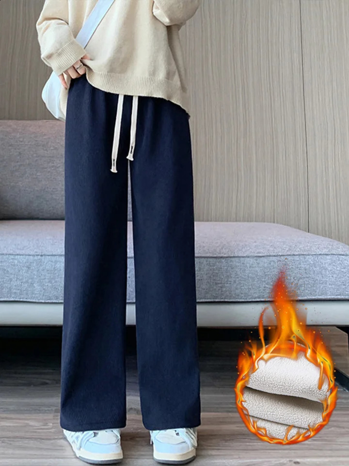 Women Wide Leg Corduroy Pants Winter Warm Causal Fleece Lined Trousers Fashion Korean Y2K Loose High Waist Aesthetic Pants 241220